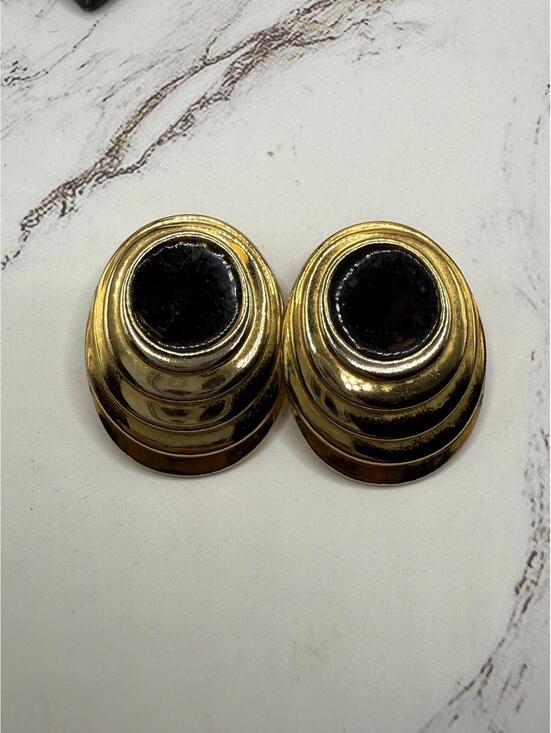 Jewelry - Vintage Retro Gold-Tone Oval Earrings Black Center